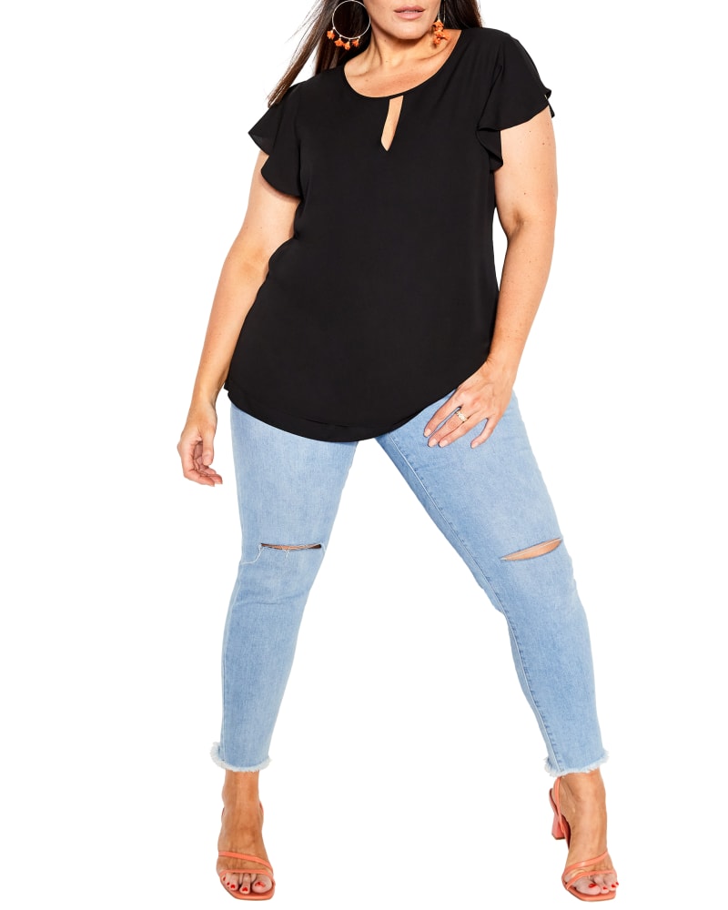 Front of a model wearing a size XL Sweet Waterfall Top in Black by City Chic. | dia_product_style_image_id:288542